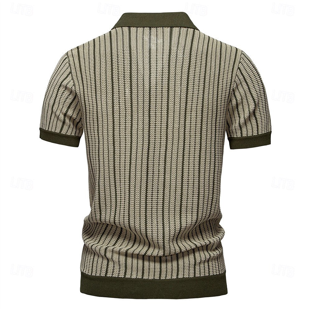 Striped Knit Texture Polo Shirt - oukumen