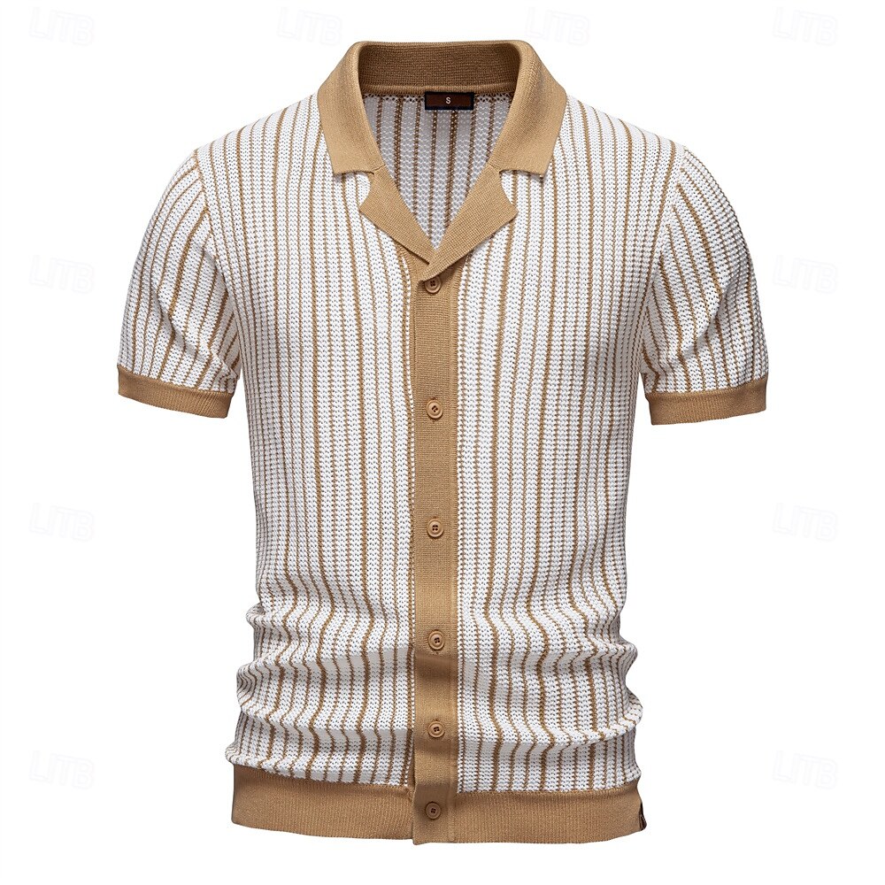 Striped Knit Texture Polo Shirt - oukumen