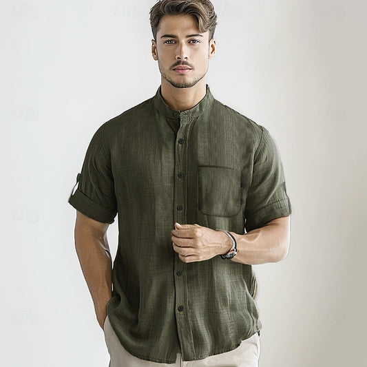 100% Cotton Band-Collar Shirt - oukumen