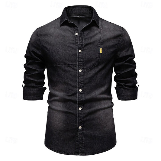 Long Sleeve Solid Color Denim Shirt - oukumen