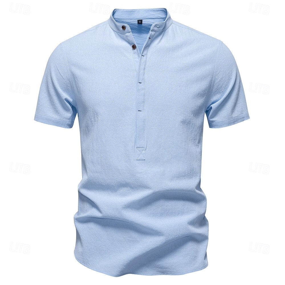 100% Cotton Premium Textured Band Collar Shirt - oukumen