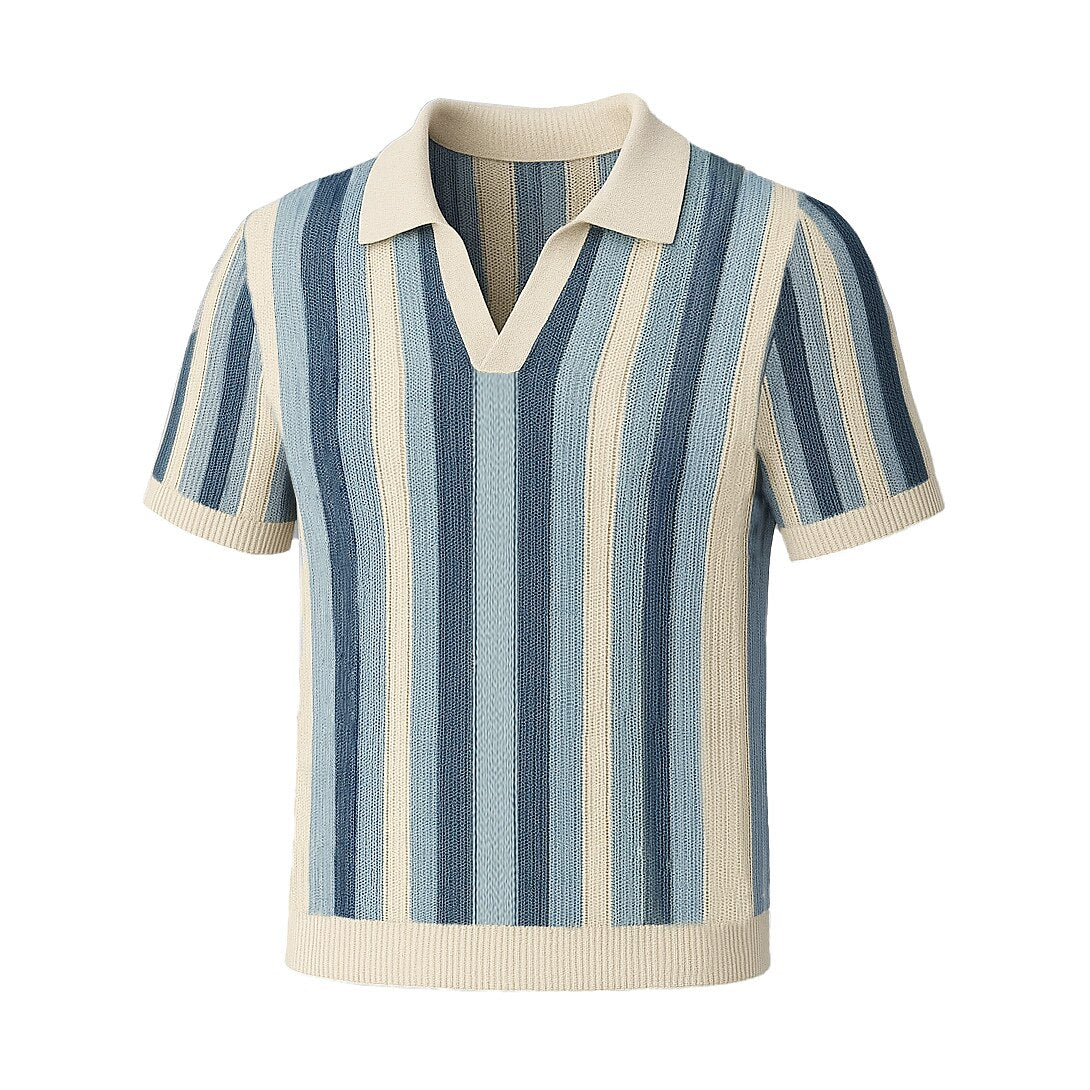 Retro Vertical Striped Knit Polo Shirt - oukumen