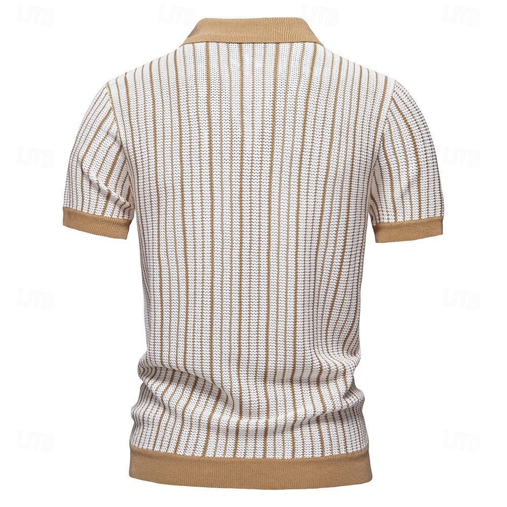 Striped Knit Texture Polo Shirt - oukumen