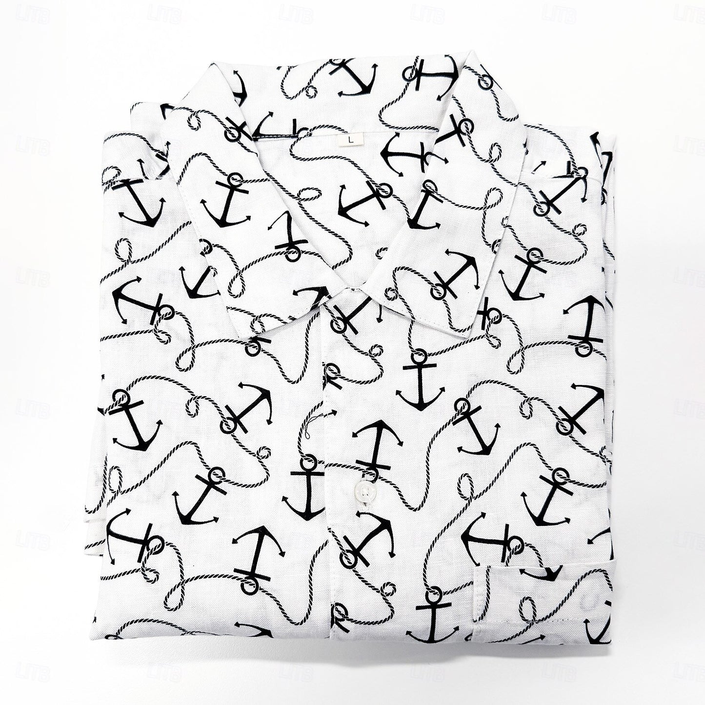 100% Linen Anchor Print Shirt - oukumen
