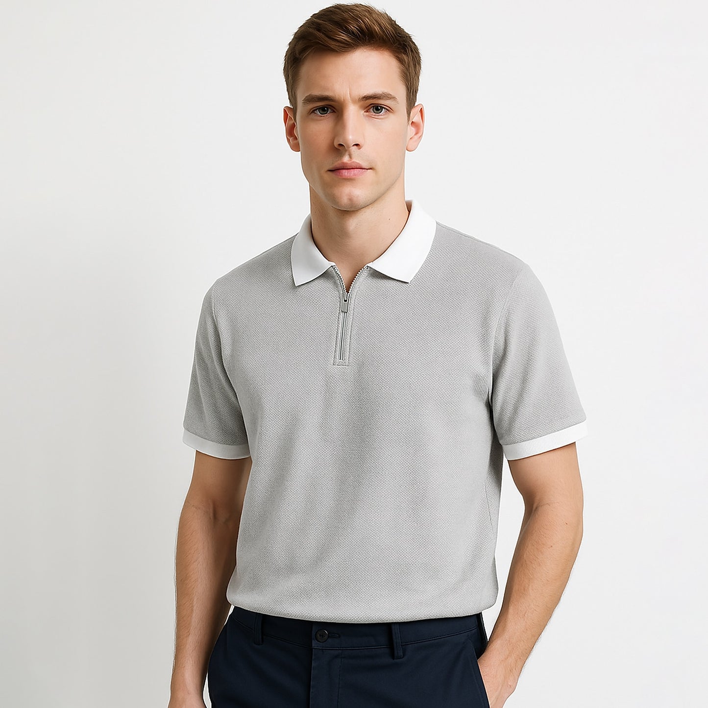 Refined Knit Zip Polo Shirt - oukumen