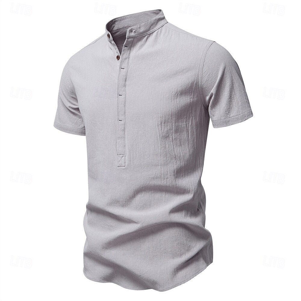 100% Cotton Premium Textured Band Collar Shirt - oukumen