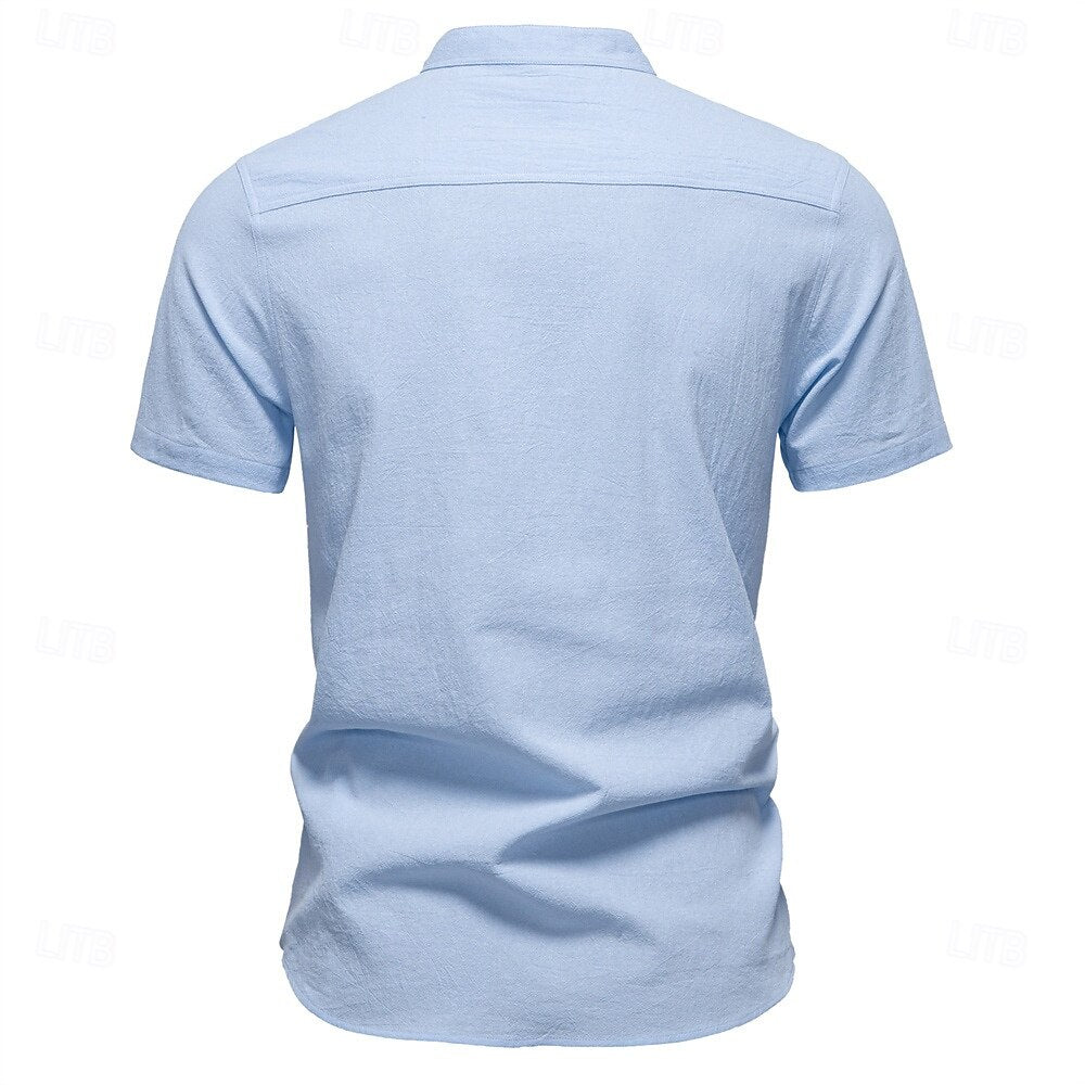100% Cotton Premium Textured Band Collar Shirt - oukumen