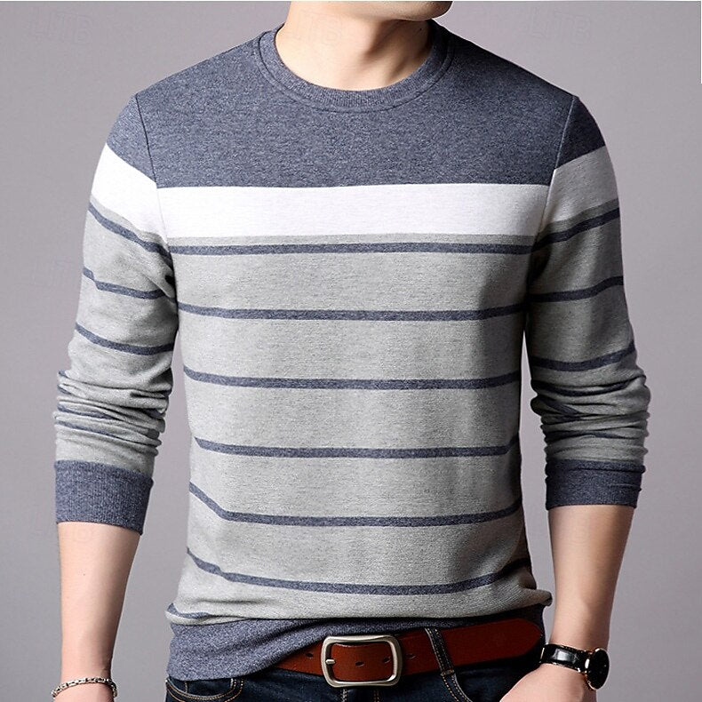 Crew Neck Striped Patchwork Color Block T-Shirt - oukumen