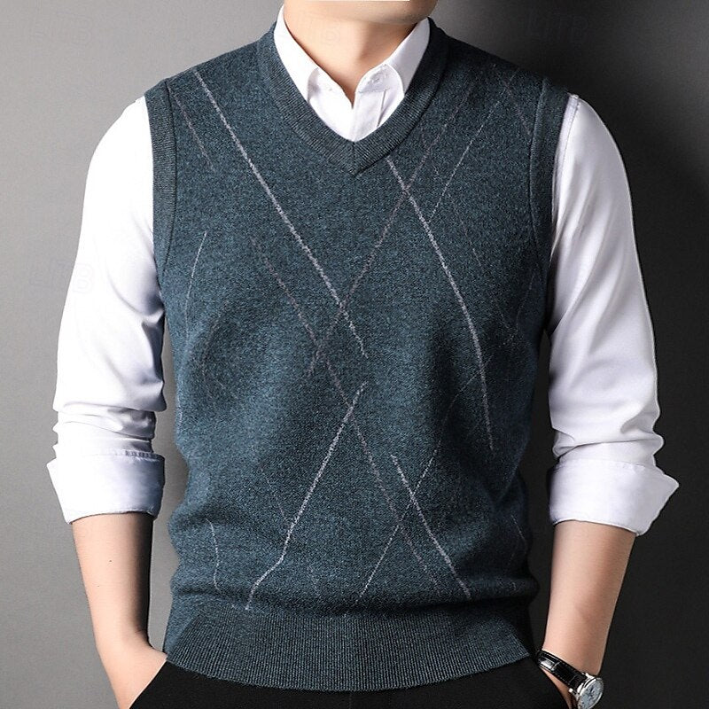 100% Wool Striped V-Neck Sweater Vest - oukumen