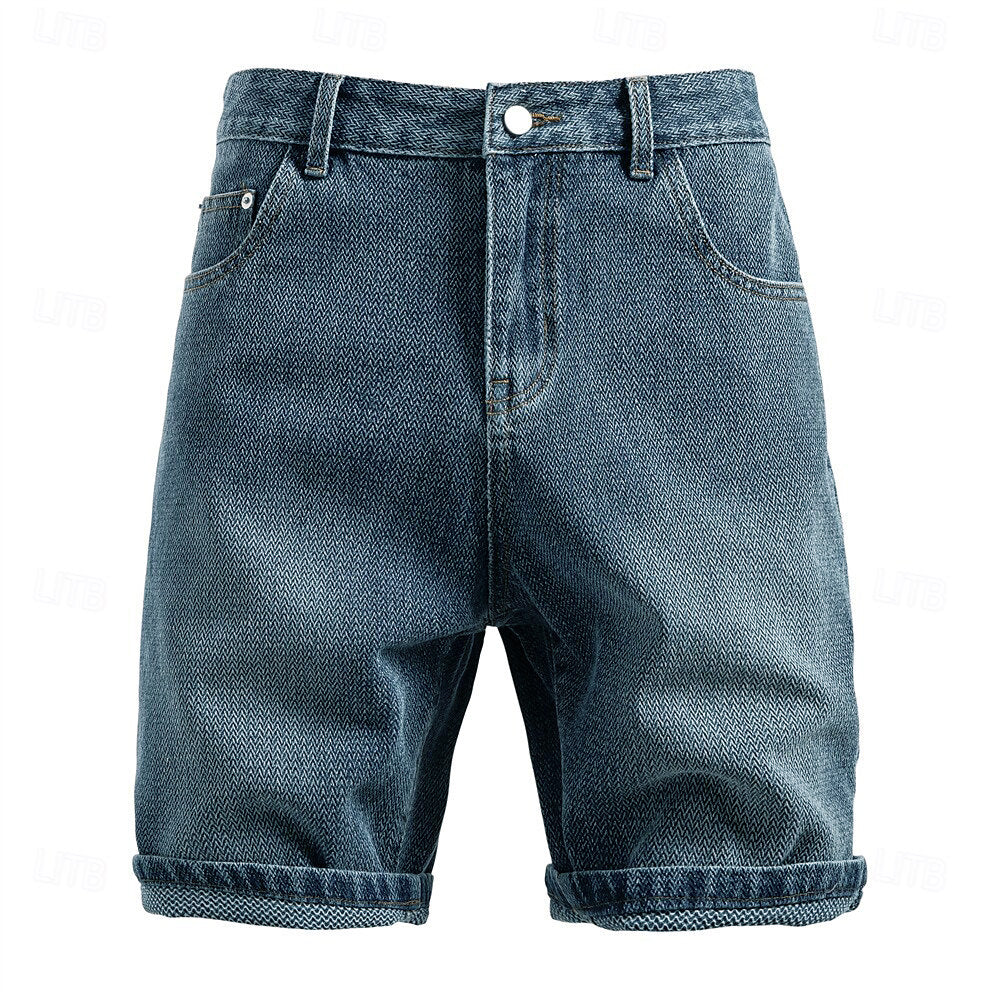Knee-Length Texture Jean Shorts - oukumen
