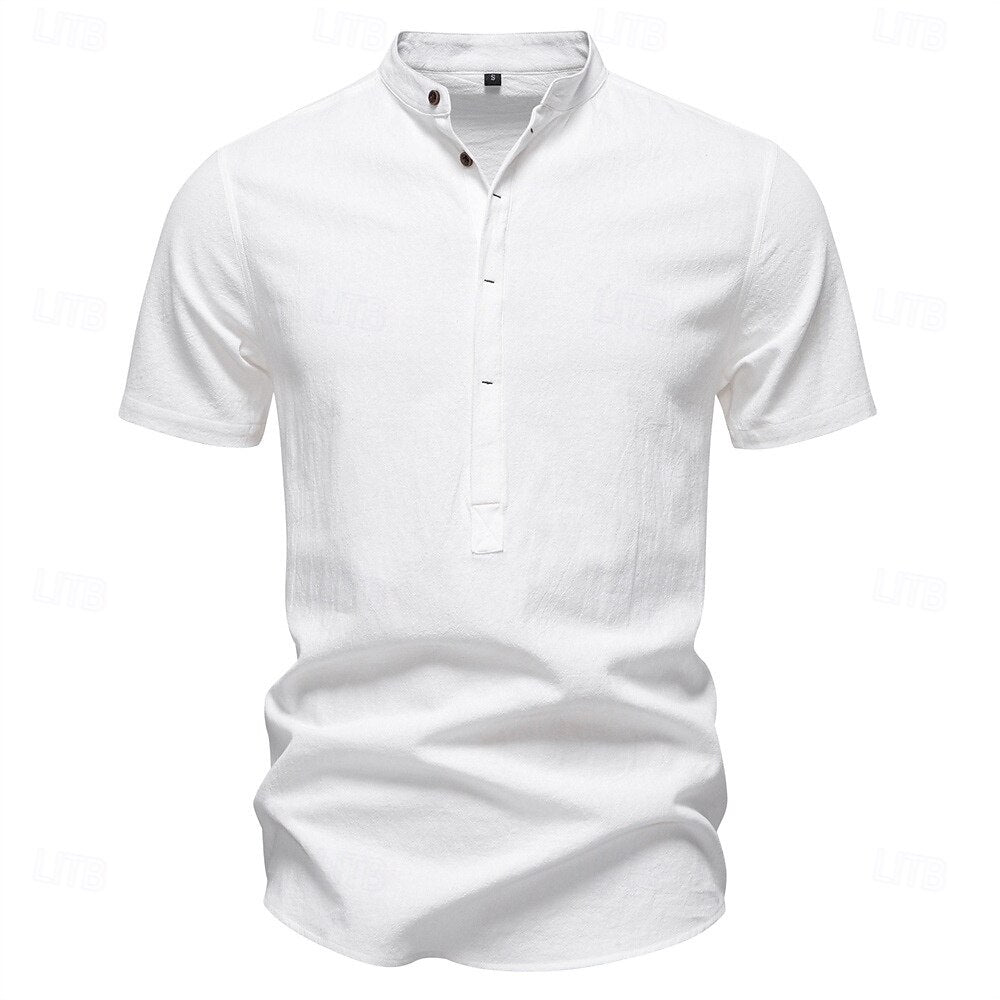 100% Cotton Premium Textured Band Collar Shirt - oukumen