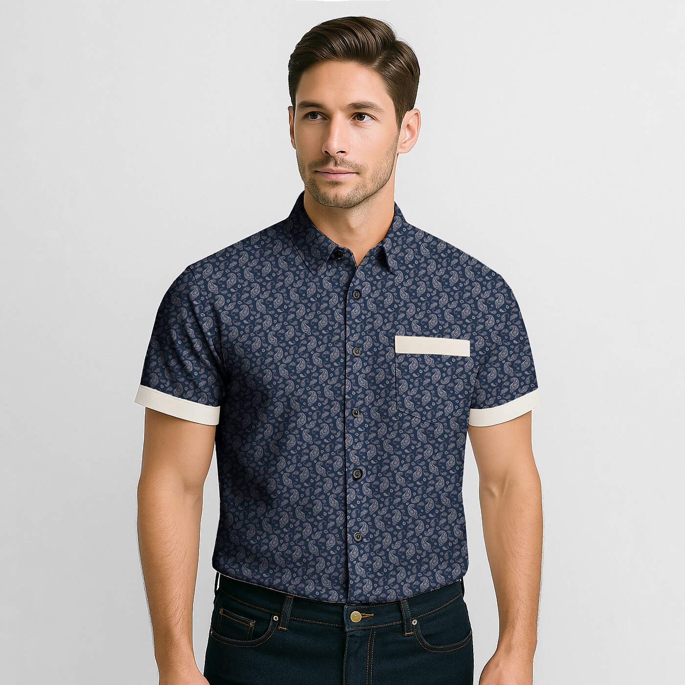 100% Cotton Paisley Print Short Sleeve Shirt - oukumen