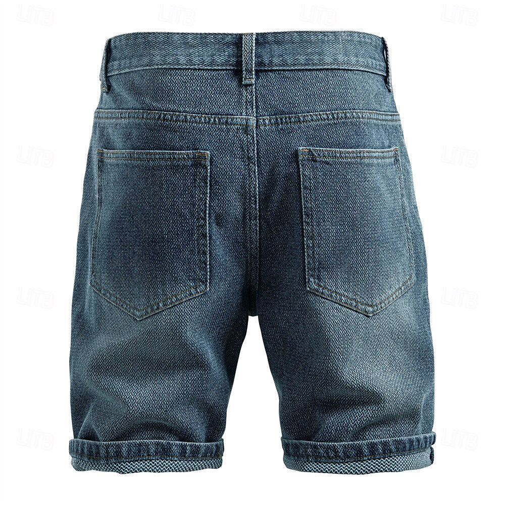 Knee-Length Texture Jean Shorts - oukumen