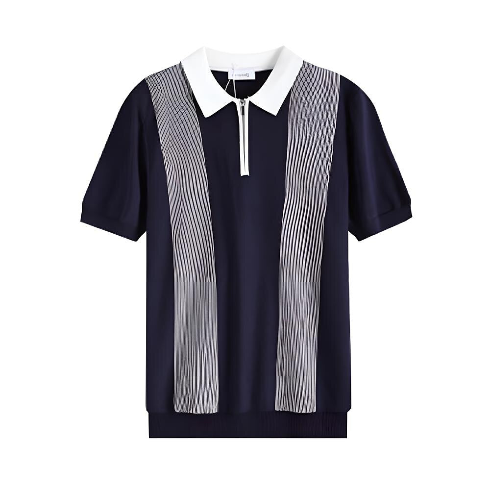 Refined Half-Zip Polo Shirt with Pinstripe Contrast Panels - oukumen