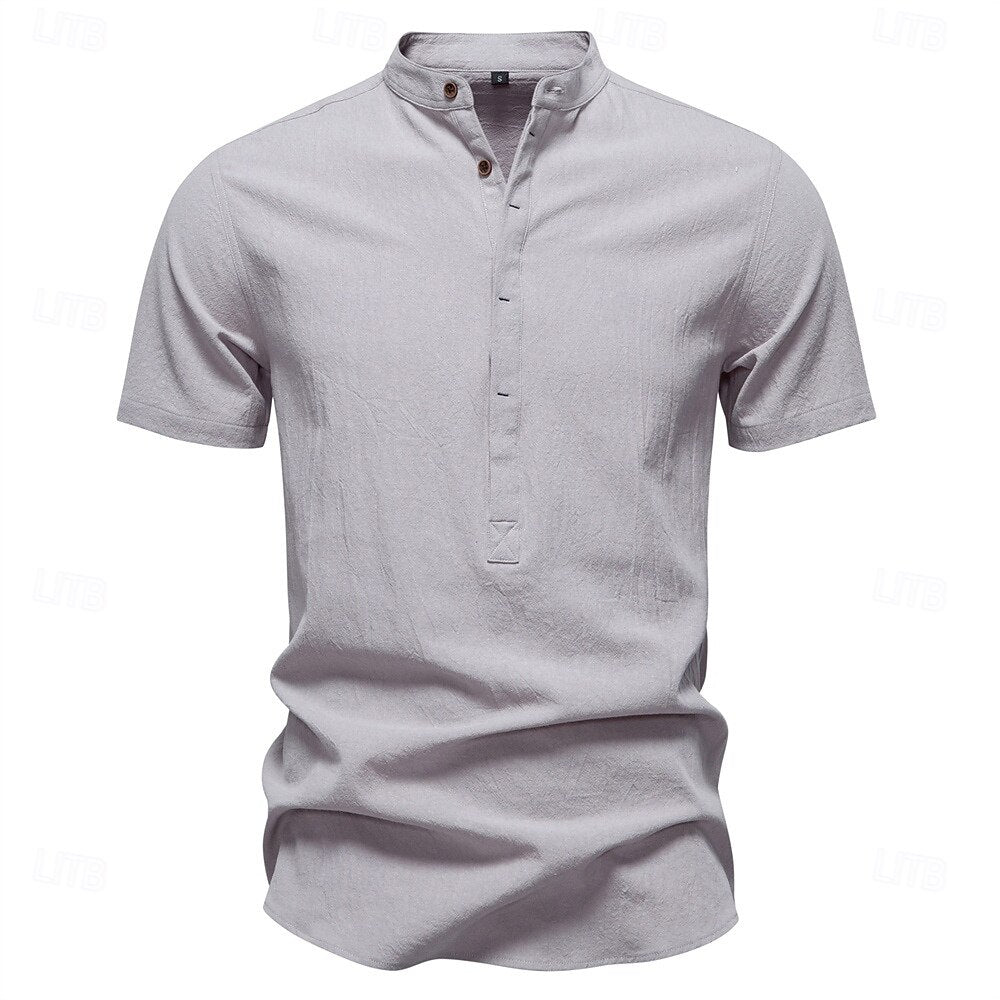 100% Cotton Premium Textured Band Collar Shirt - oukumen