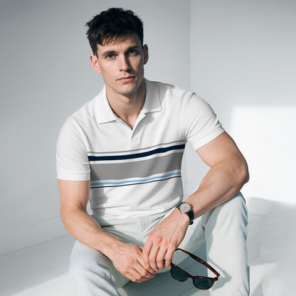100% Cotton Stripe Johnny Collar Polo