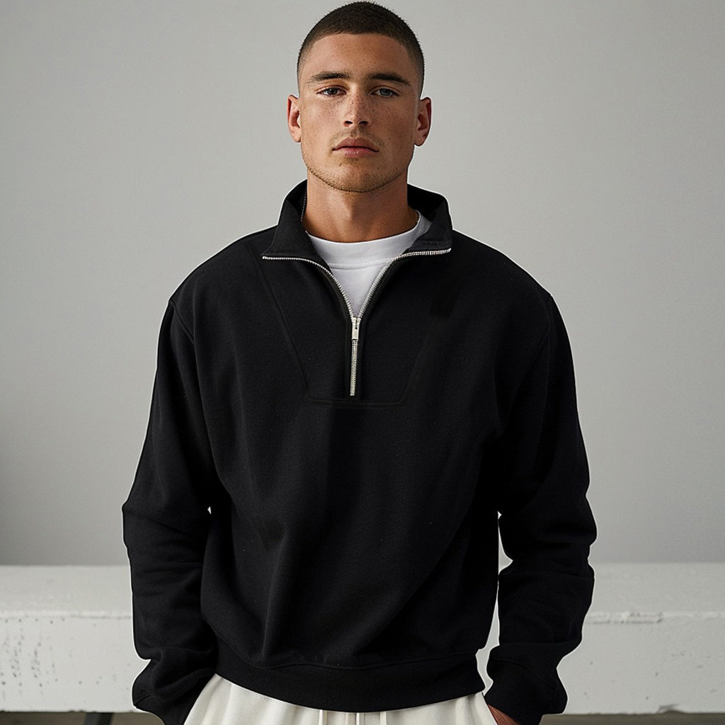 Zip Black Lapel Sports Hoodie Sweatshirt - oukumen