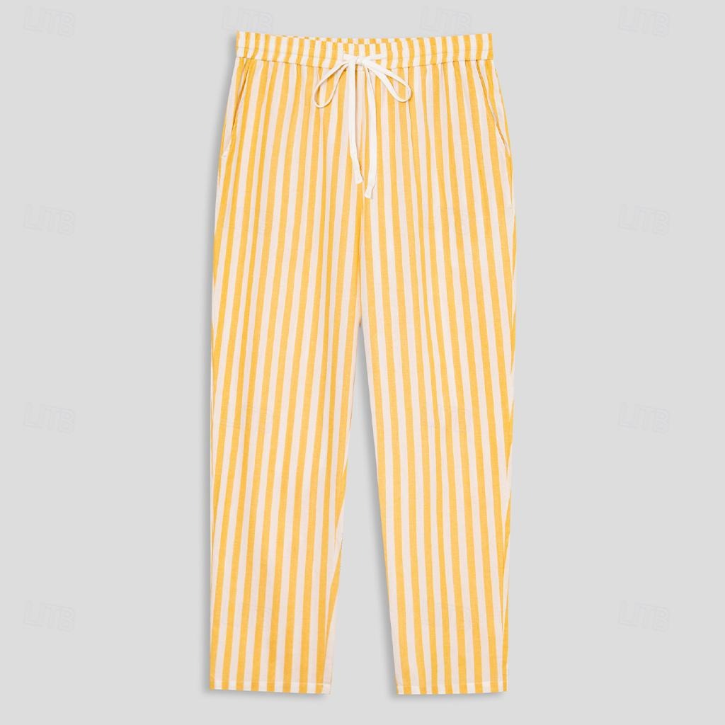 Cotton Linen Elastic Waistband Casual Stripe Pants