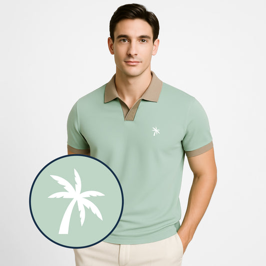 100% Cotton Color Block Palm Tree Polo with Johnny Collar