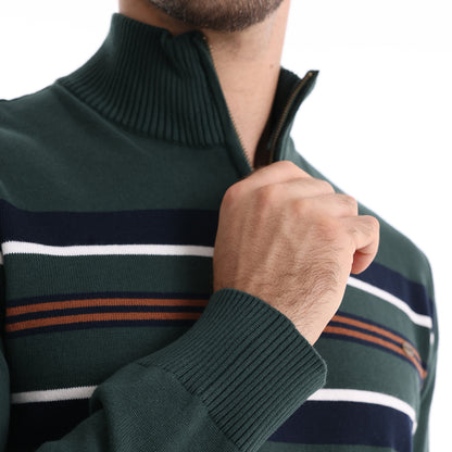 Cotton Knit Striped Half Zip Knitwear - oukumen