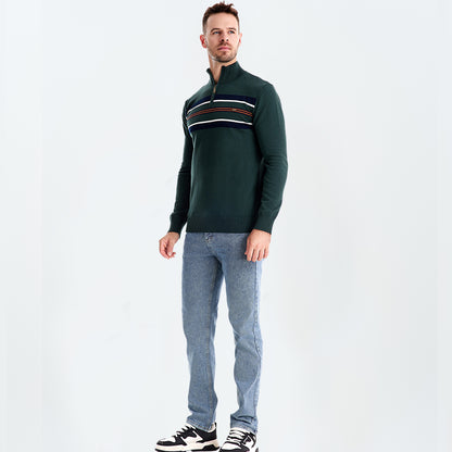 Cotton Knit Striped Half Zip Knitwear - oukumen