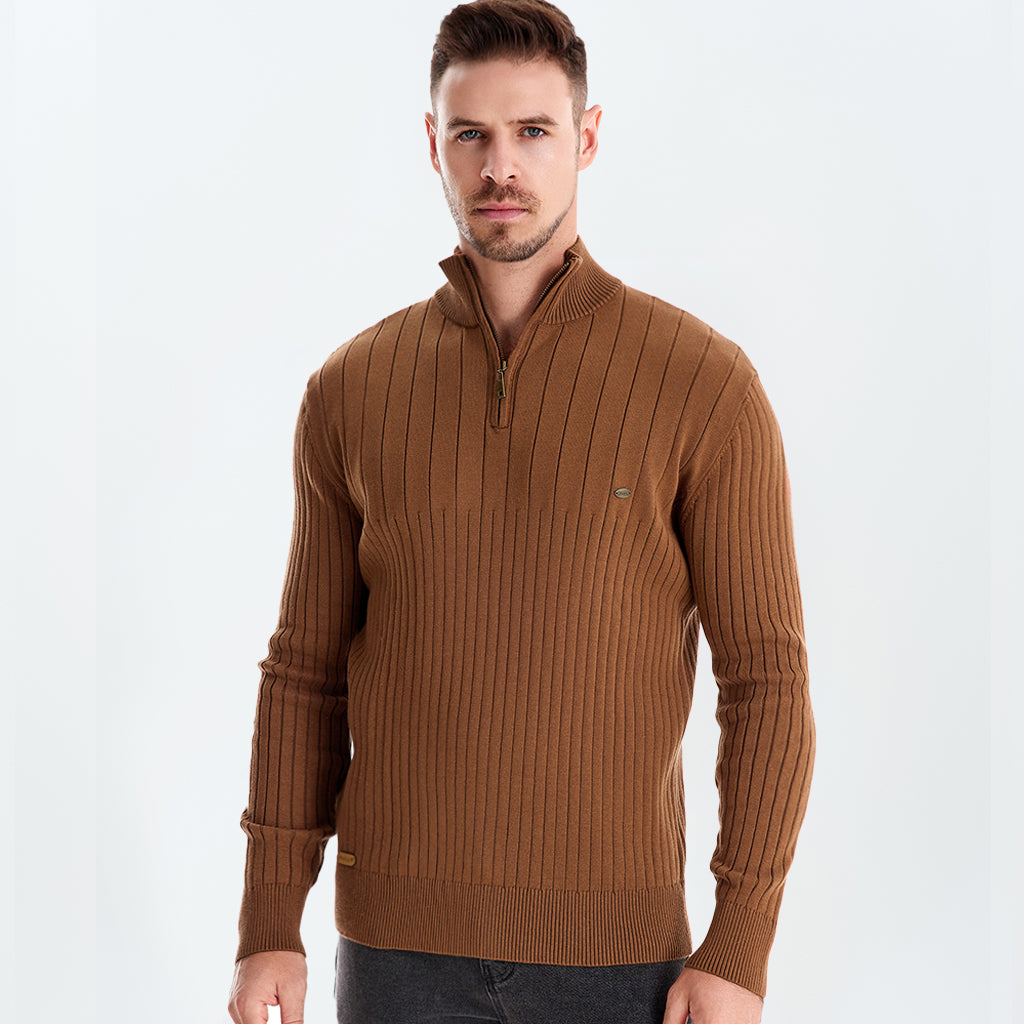 Cotton Knit Vertical Stripes Half Zip Knitwear - oukumen