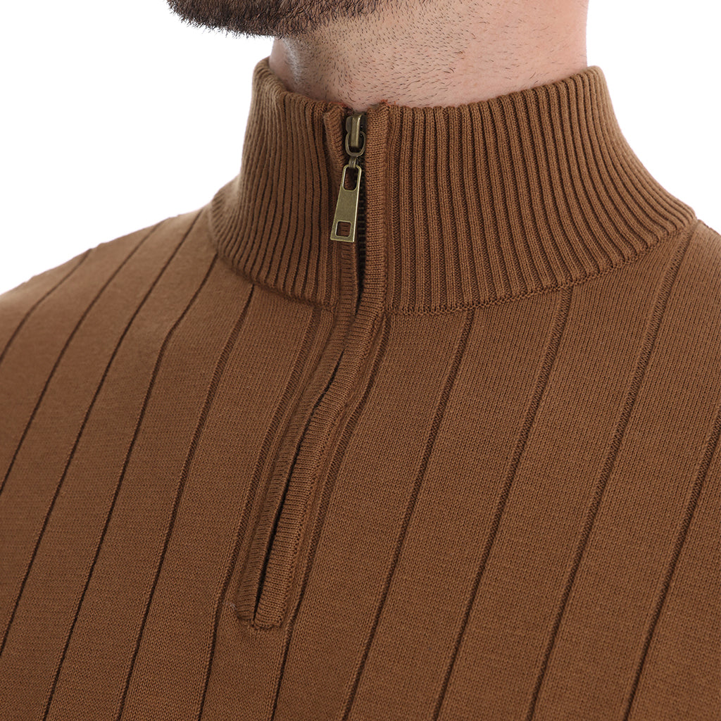 Cotton Knit Vertical Stripes Half Zip Knitwear - oukumen