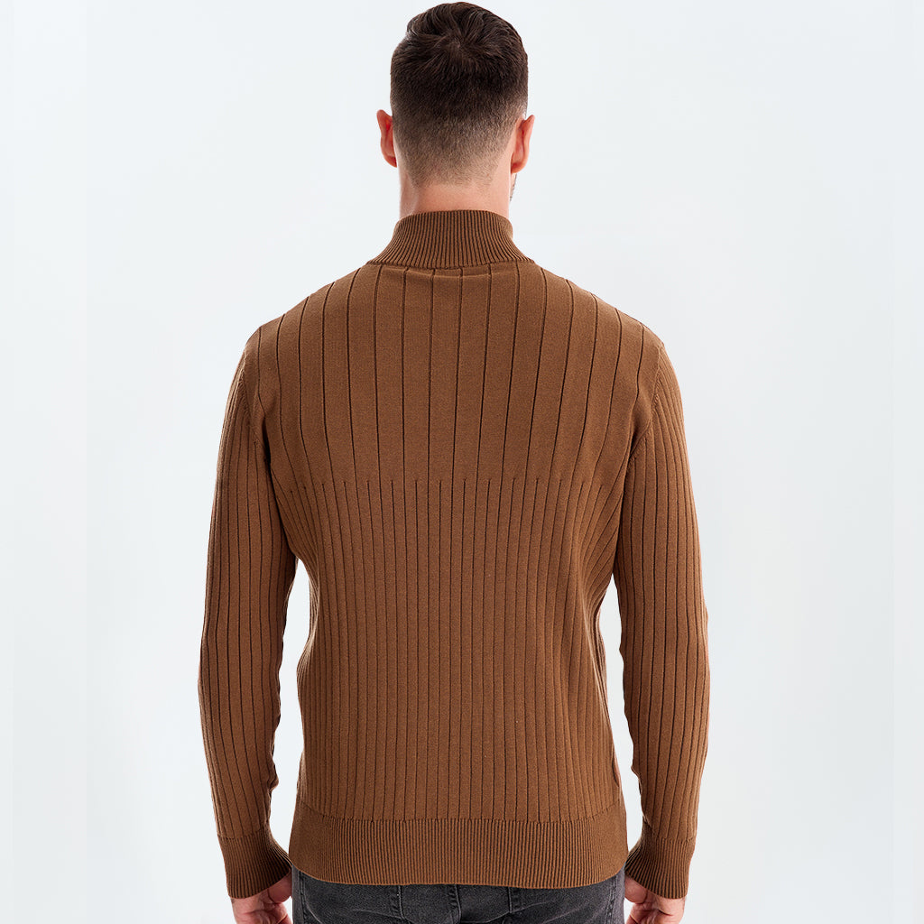 Cotton Knit Vertical Stripes Half Zip Knitwear - oukumen