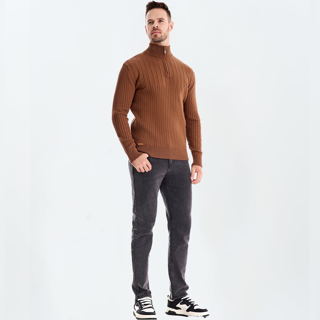 Cotton Knit Vertical Stripes Half Zip Knitwear - oukumen