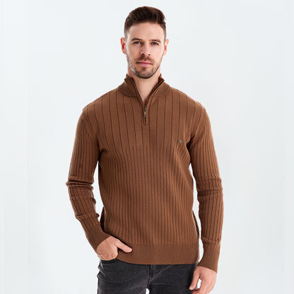 Cotton Knit Vertical Stripes Half Zip Knitwear - oukumen