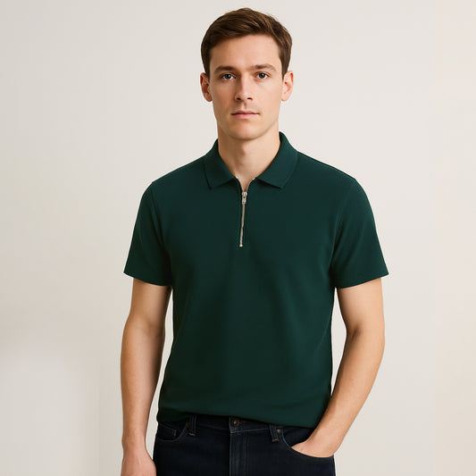 Half-zip Silk-blend short-sleeved polo shirt