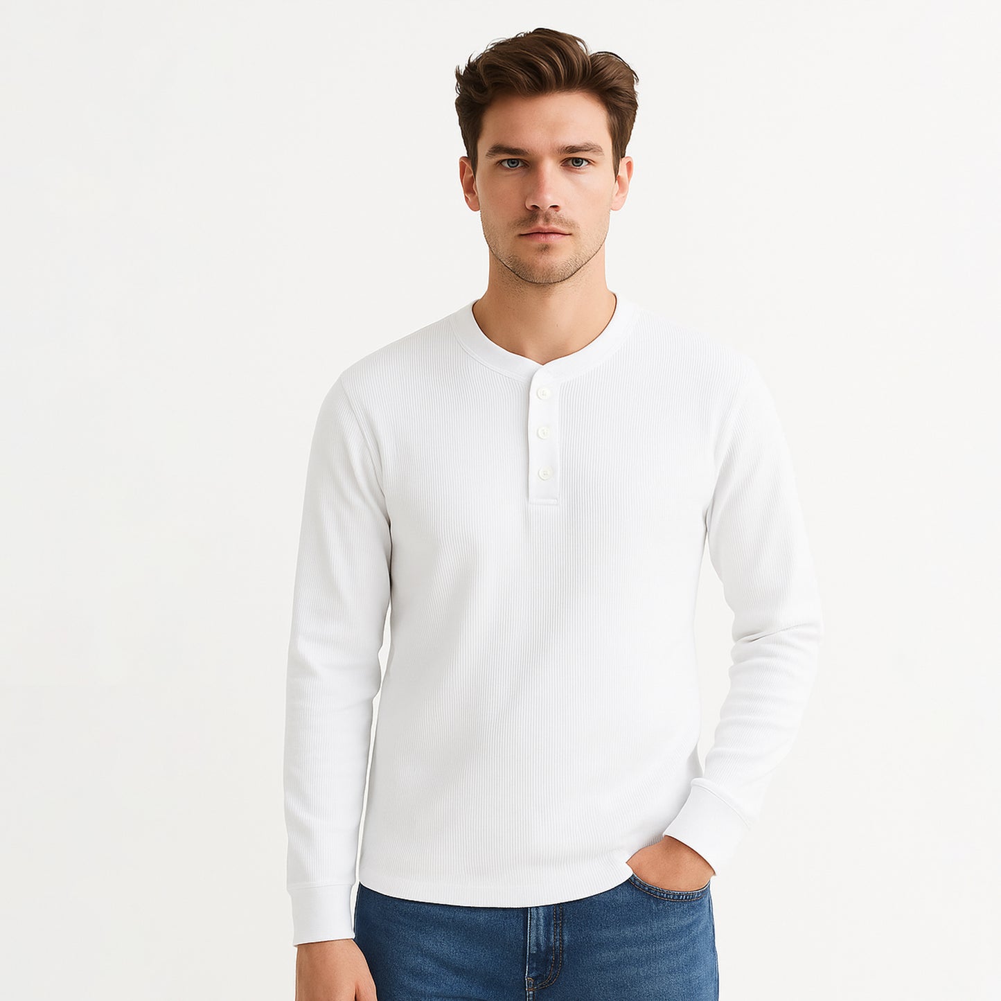 Cotton Waffle Long Sleeve Henley T-Shirt