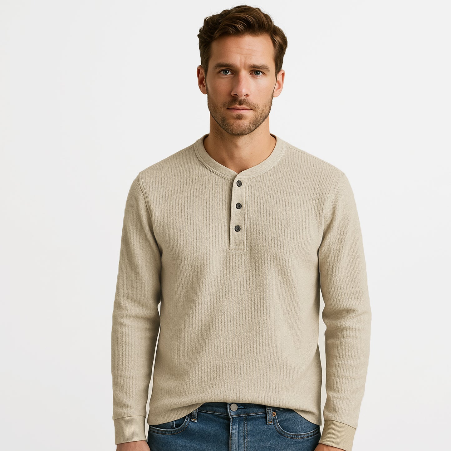 Cotton Waffle Long Sleeve Henley T-Shirt