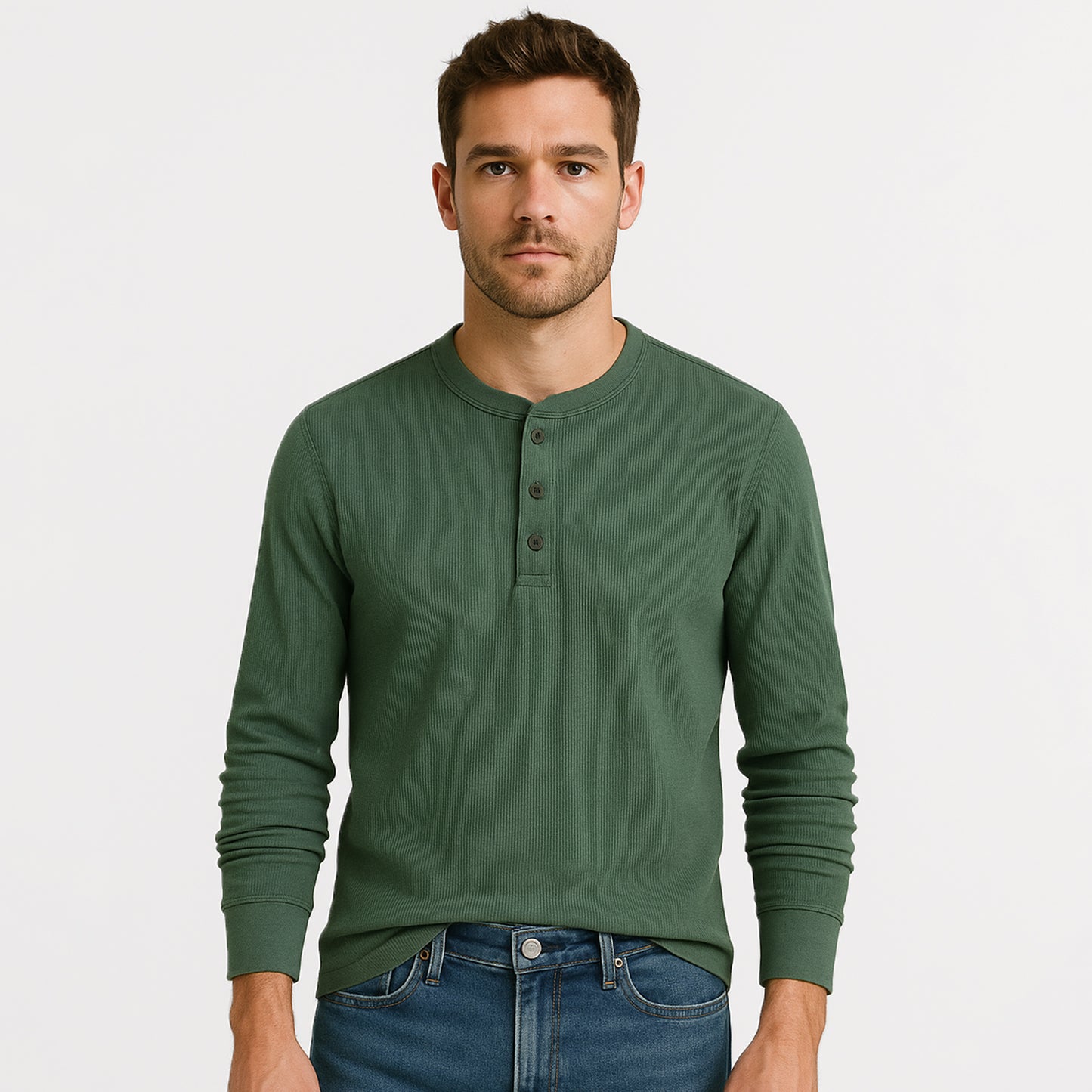 Cotton Waffle Long Sleeve Henley T-Shirt