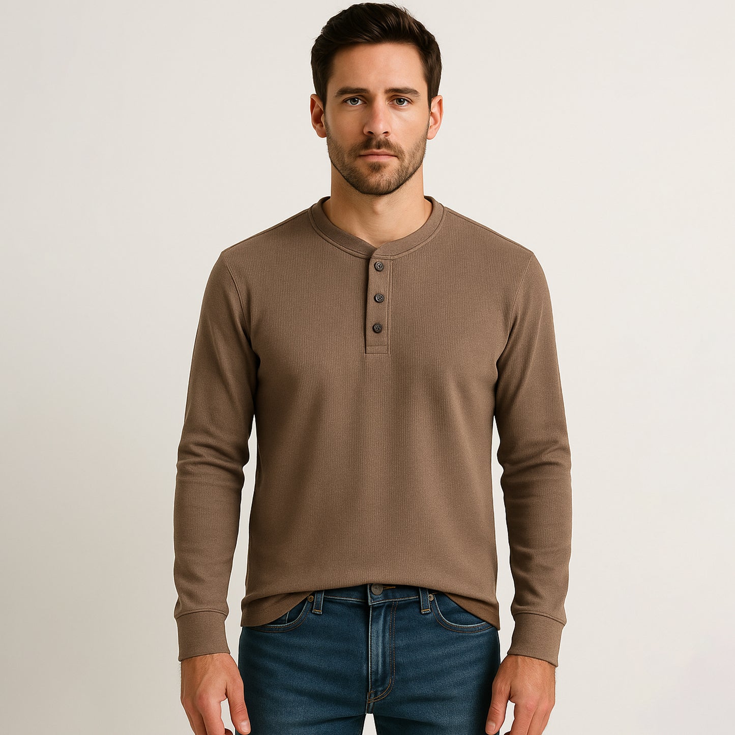 Cotton Waffle Long Sleeve Henley T-Shirt