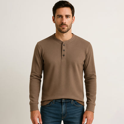 Cotton Waffle Long Sleeve Henley T-Shirt