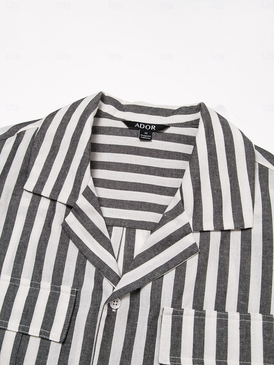 Cotton Linen Striped Front Pockets Short Sleeves Shirt - oukumen