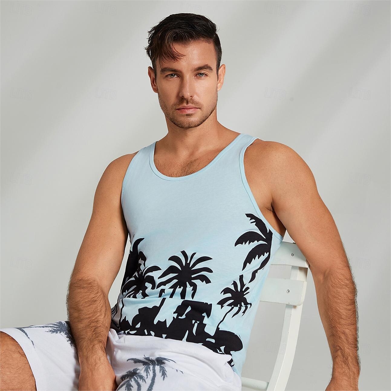 100% Cotton Graphic Coconut Tree Casual Tank Top - oukumen