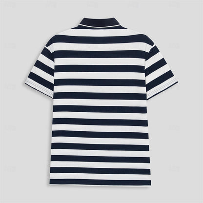 Basic Stripe Black Blue Short Sleeve Polo - oukumen