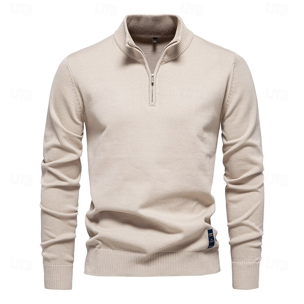 Rolled collar Solid Color  Zip Sweater - oukumen