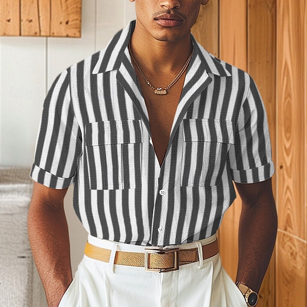 Linen Cotton Striped Cuban Collar Casual Shirt - oukumen