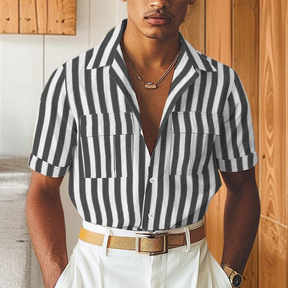 Linen Cotton Striped Cuban Collar Casual Shirt - oukumen