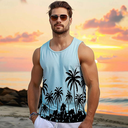 100% Cotton Graphic Coconut Tree Casual Tank Top - oukumen