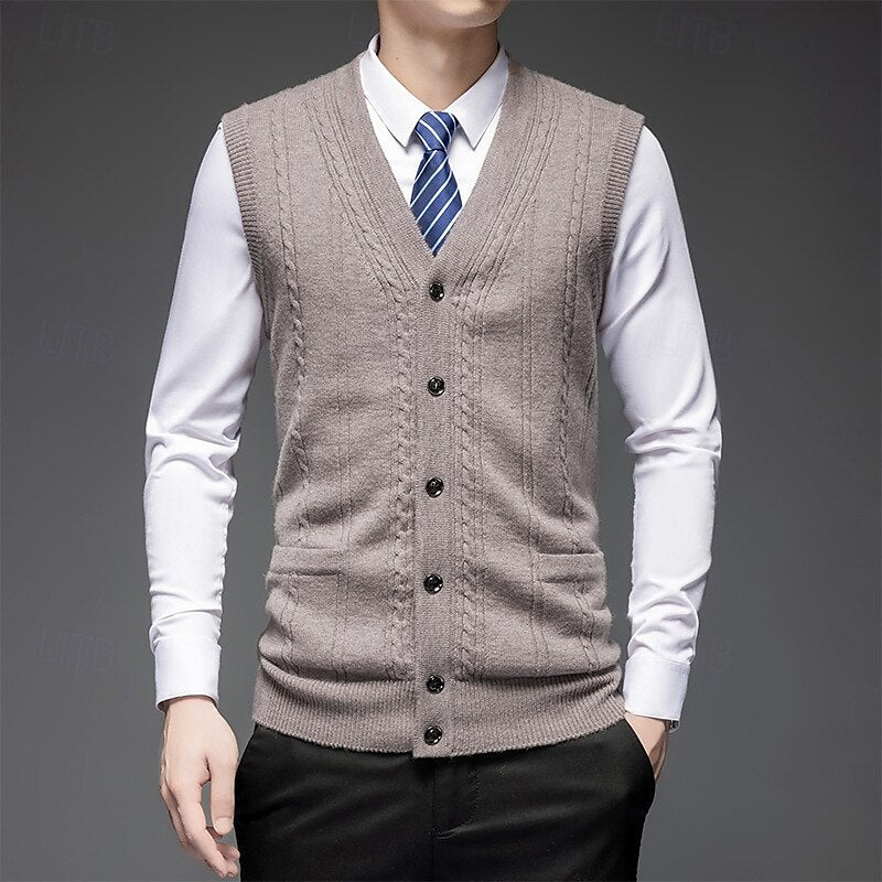 100% Wool V Neck Knit Sweater Vest - oukumen