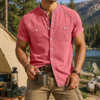 Acid-Wash Mandarin-Collar Denim Shirt
