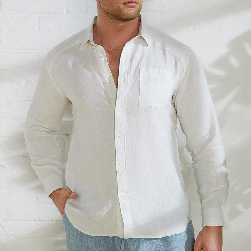 100% Linen Fold-over Collar Casual Shirt - oukumen