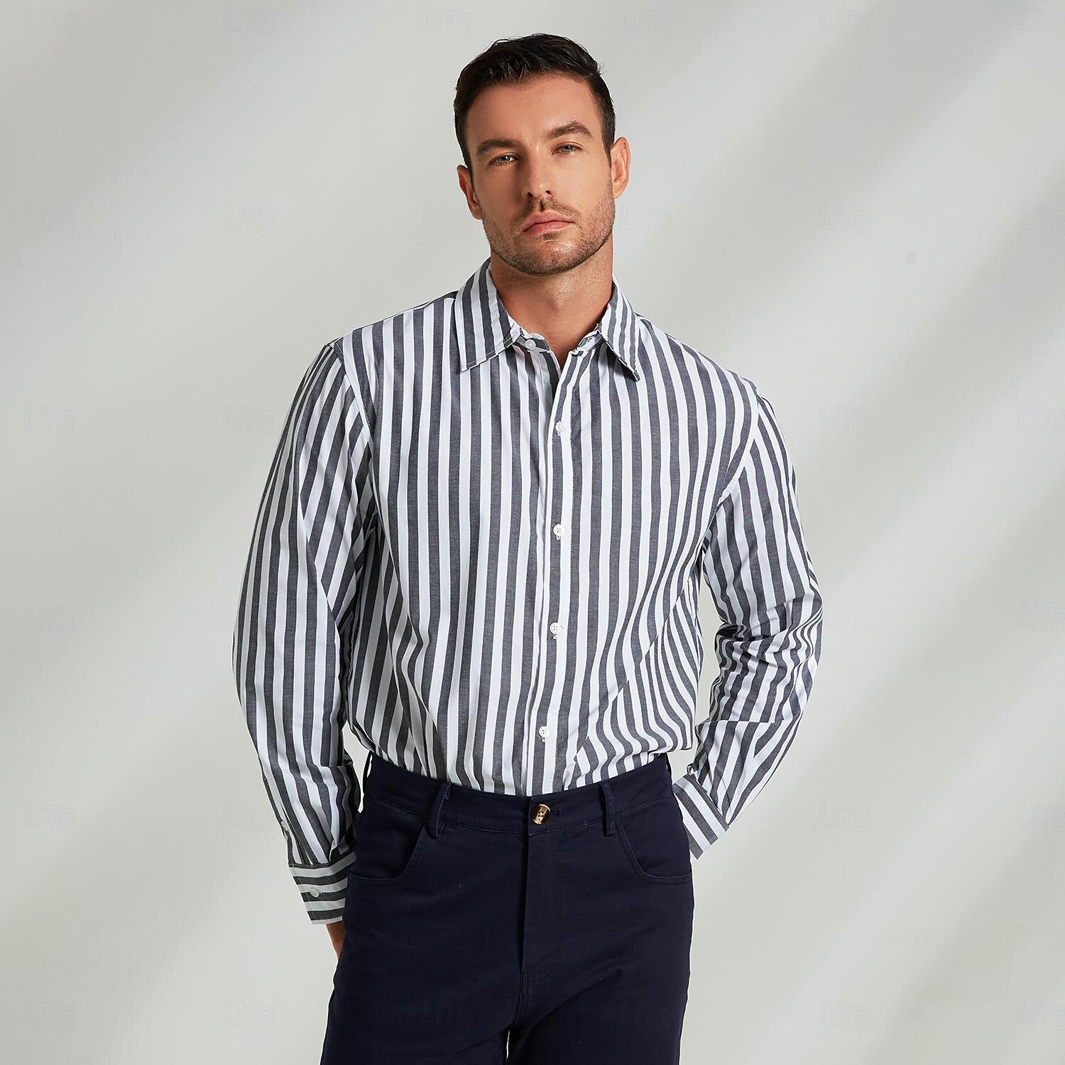 100% Cotton Stripes Lapel Dress Shirt - oukumen