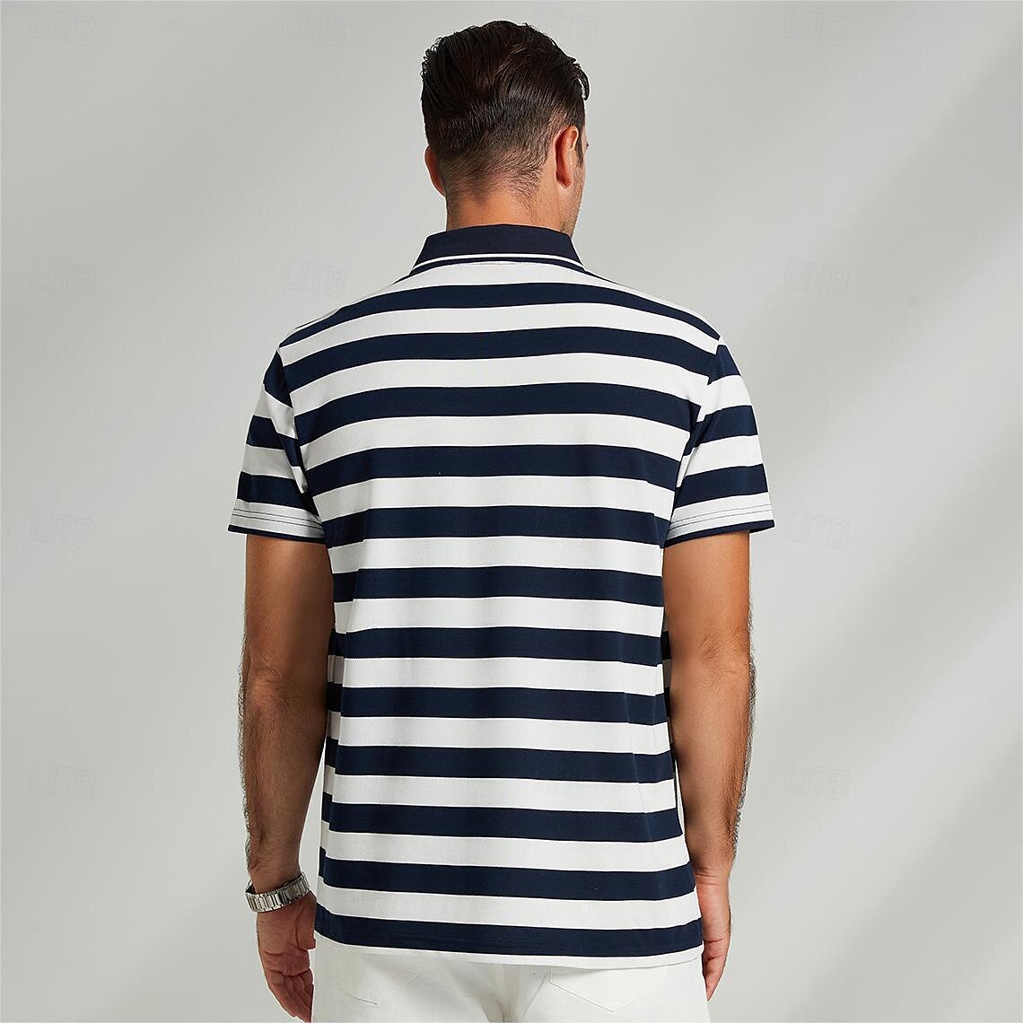 Basic Stripe Black Blue Short Sleeve Polo - oukumen