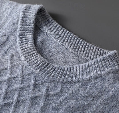 100% Merino Wool Crew Neck Jacquard Sweater - oukumen