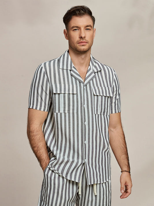 Cotton Linen Striped Front Pockets Short Sleeves Shirt - oukumen